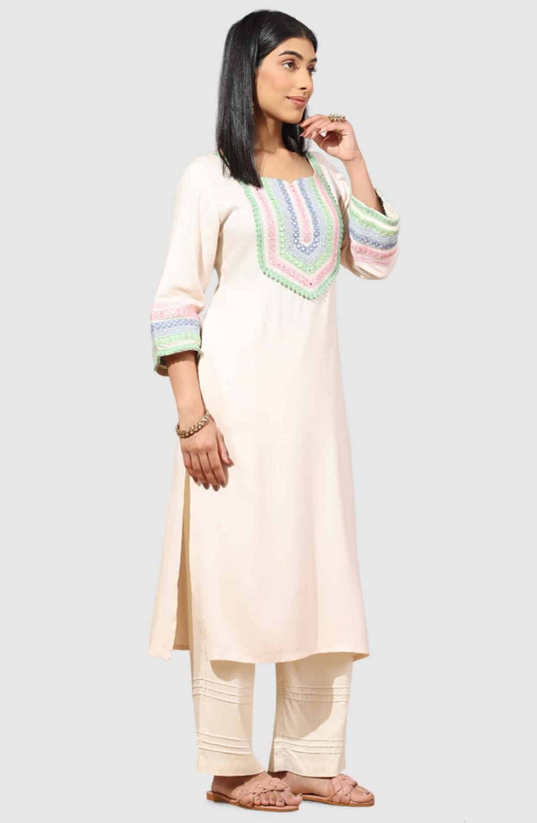 Beige Embroidered Rayon Twill Kurti with Square Neck