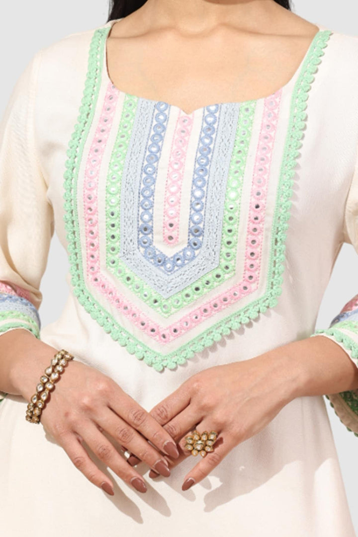 Beige Embroidered Rayon Twill Kurti with Square Neck