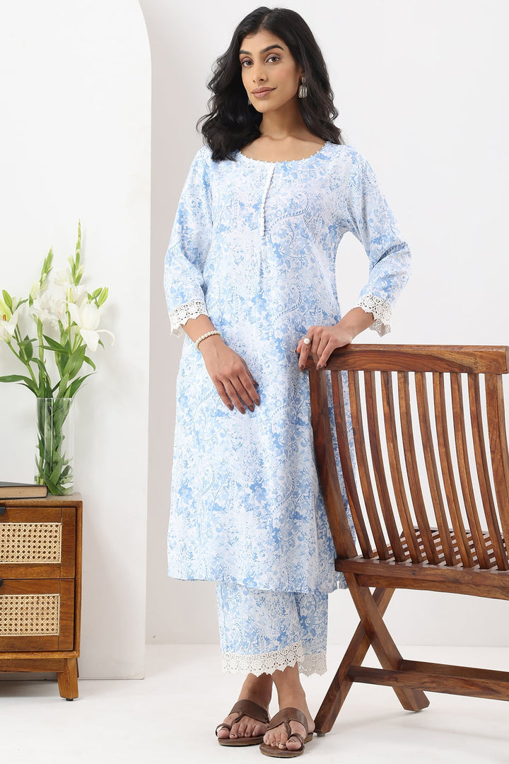 Blue Printed Rayon Kurti with 3/4th Sleeves