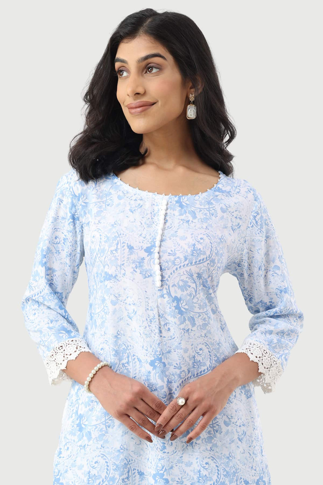 Blue Printed Rayon Kurti with 3/4th Sleeves
