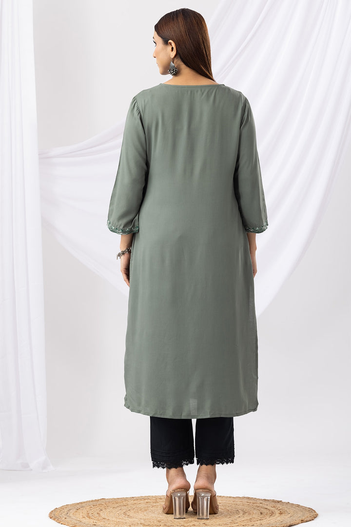 Green Embroidered Viscose Kurti with V-Neck &amp; 3/4th Sleeves