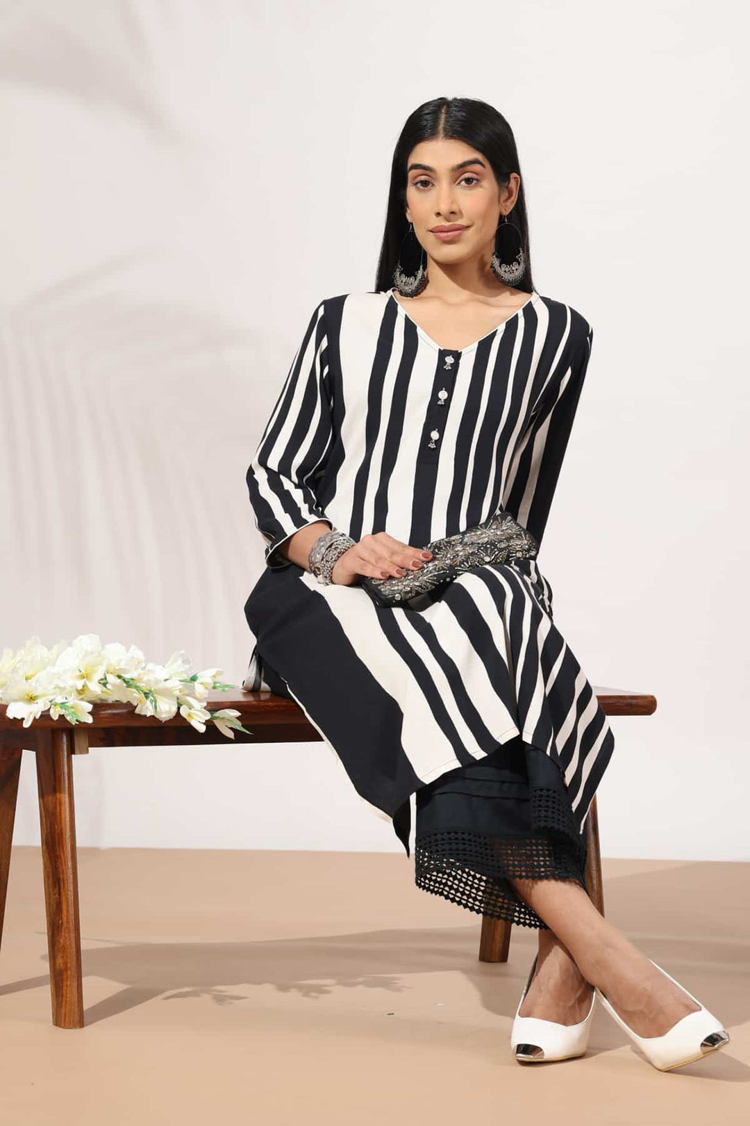 Black &amp; White Striped Rayon Kurti