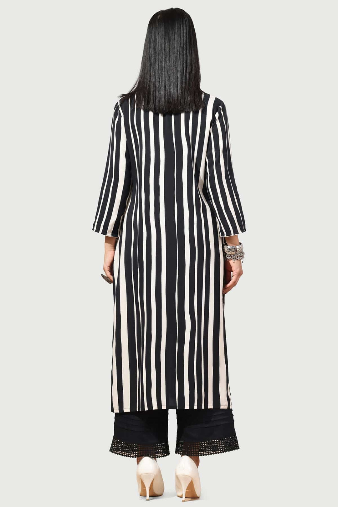 Black &amp; White Striped Rayon Kurti