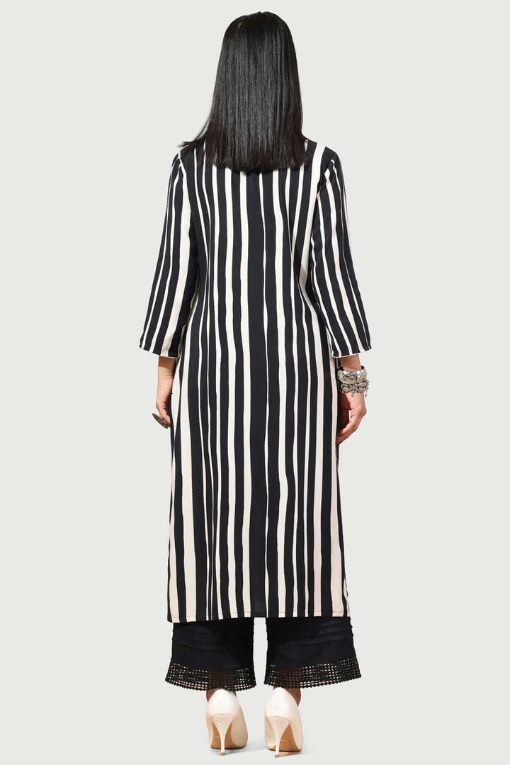 Black &amp; White Striped Rayon Kurti