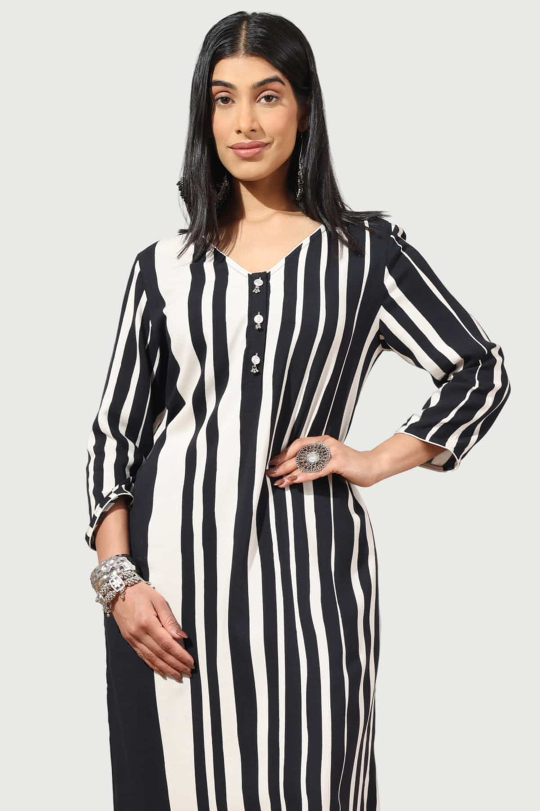 Black &amp; White Striped Rayon Kurti