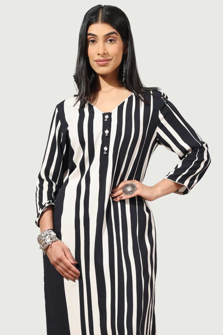 Black &amp; White Striped Rayon Kurti