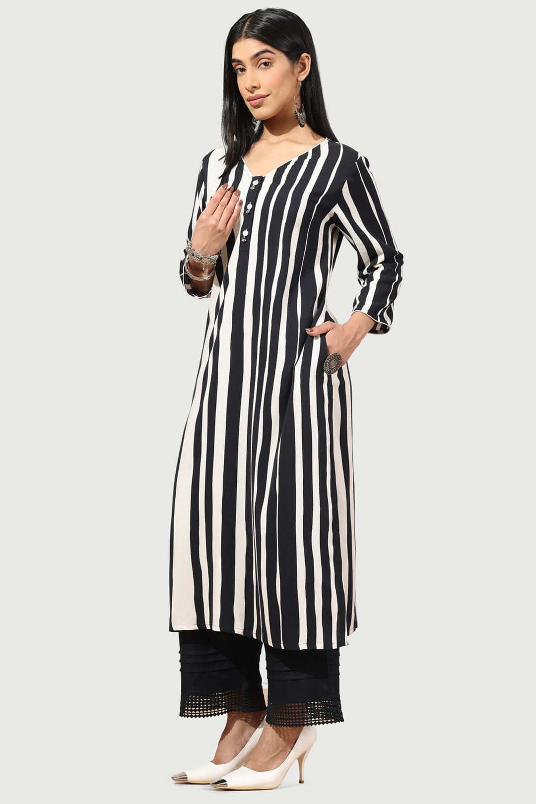 Black &amp; White Striped Rayon Kurti