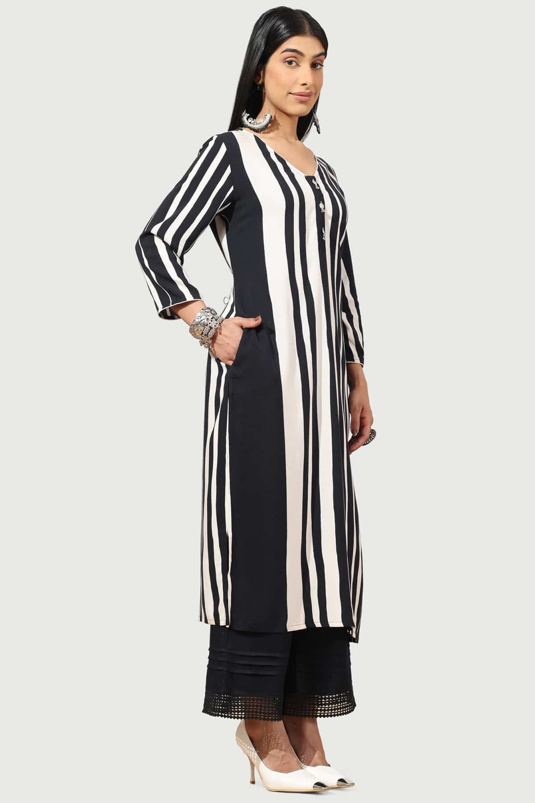 Black &amp; White Striped Rayon Kurti