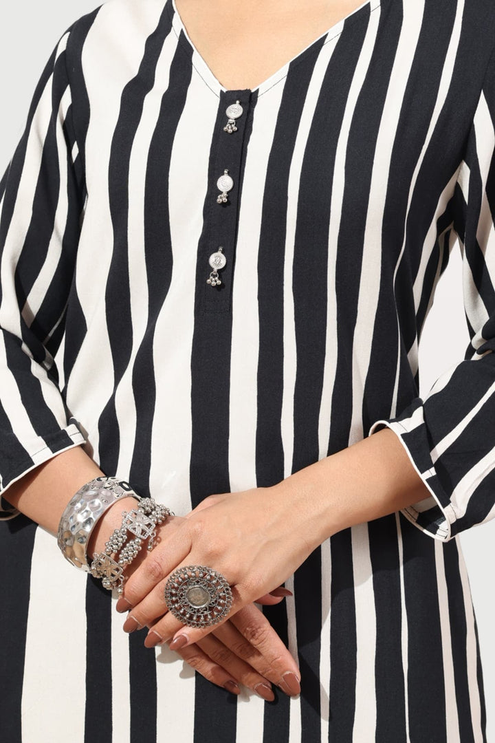 Black &amp; White Striped Rayon Kurti