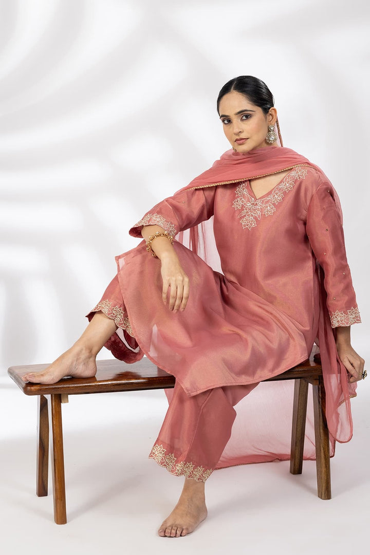 Crystal Rose Embroidered Ensemble Kurti in Tissue Shimmer