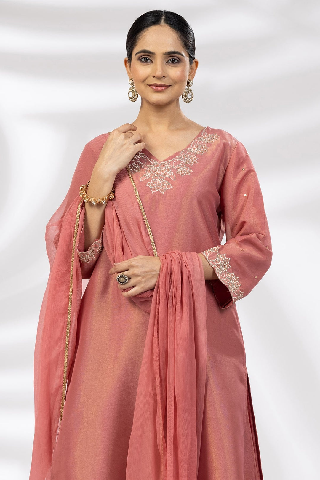 Crystal Rose Embroidered Ensemble Kurti in Tissue Shimmer