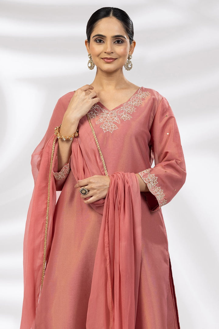 Crystal Rose Embroidered Ensemble Kurti in Tissue Shimmer