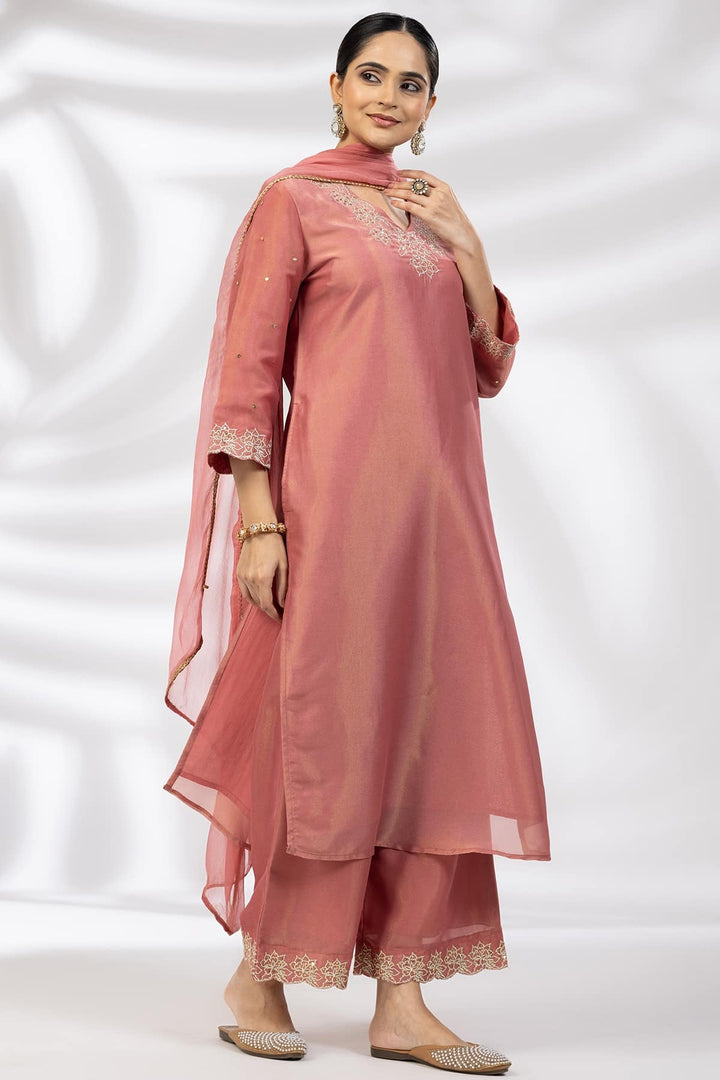 Crystal Rose Embroidered Ensemble Kurti in Tissue Shimmer