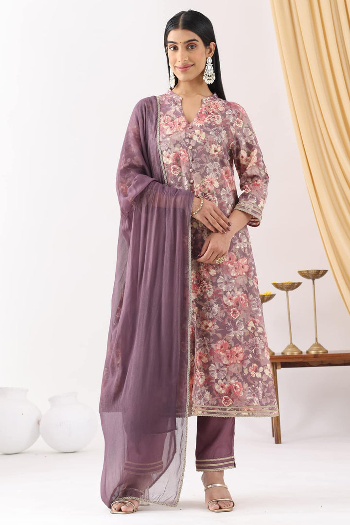 Mauve Printed Ensemble Kurti in Rayon Silk Shimmer