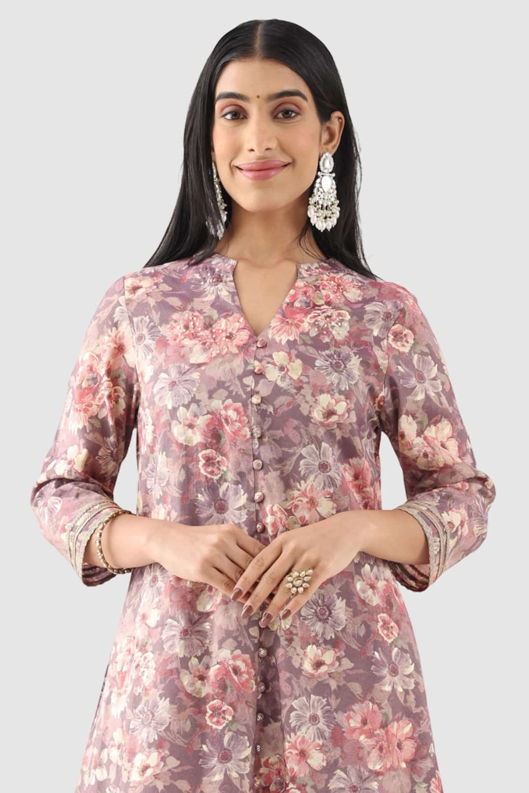 Mauve Printed Ensemble Kurti in Rayon Silk Shimmer