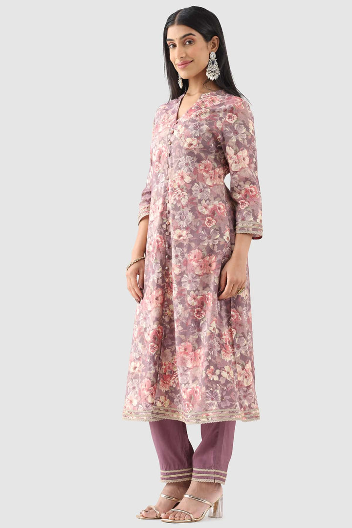 Mauve Printed Ensemble Kurti in Rayon Silk Shimmer