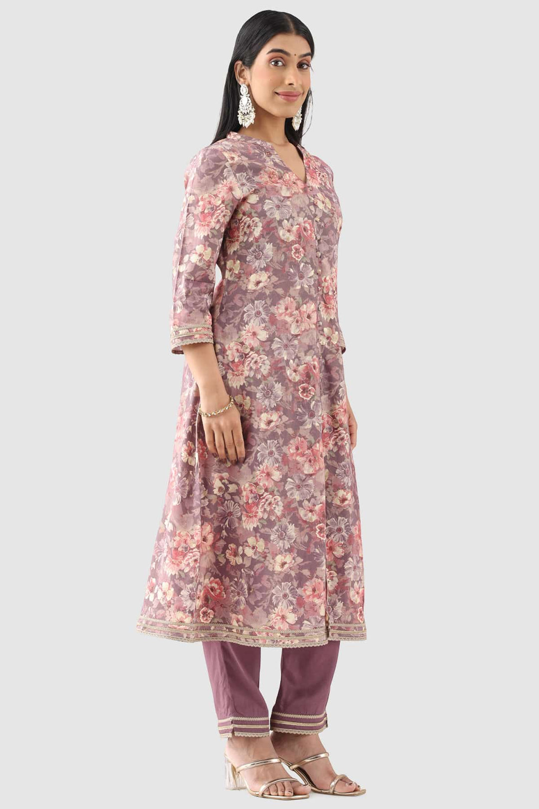 Mauve Printed Ensemble Kurti in Rayon Silk Shimmer