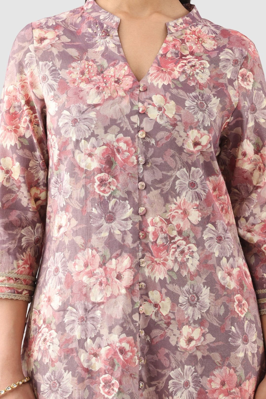 Mauve Printed Ensemble Kurti in Rayon Silk Shimmer
