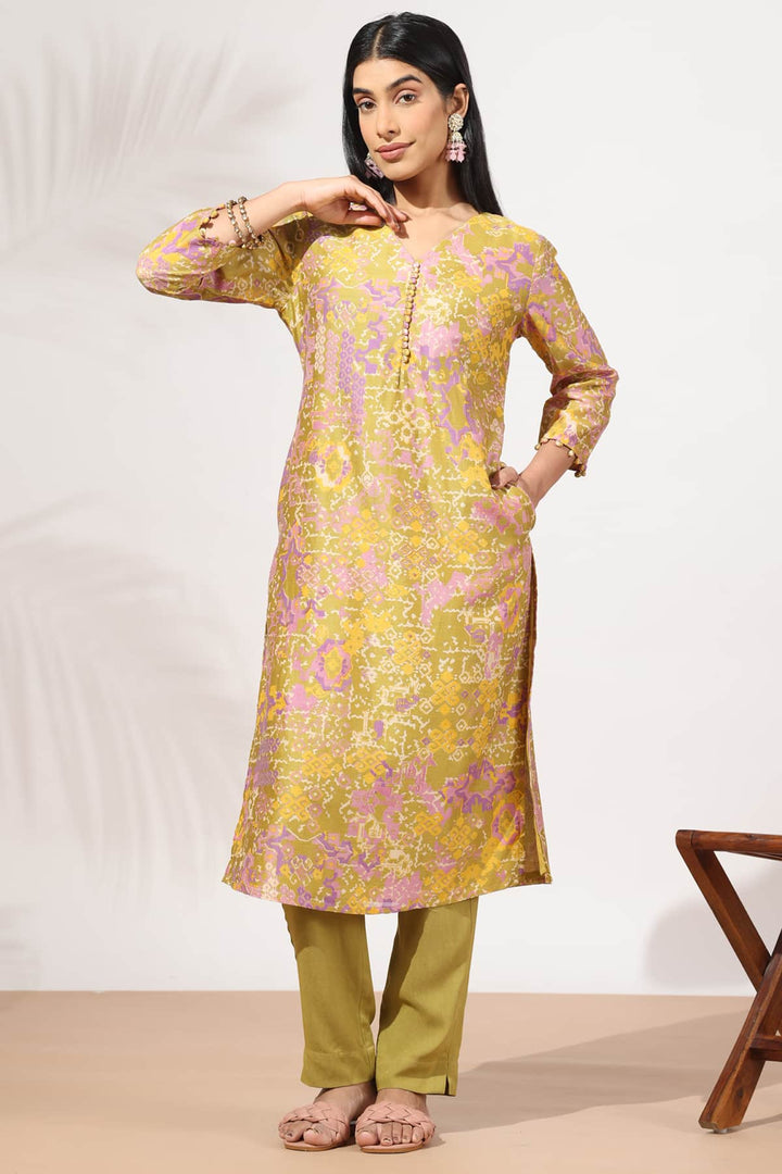 Olive Green Printed Chanderi Kurti