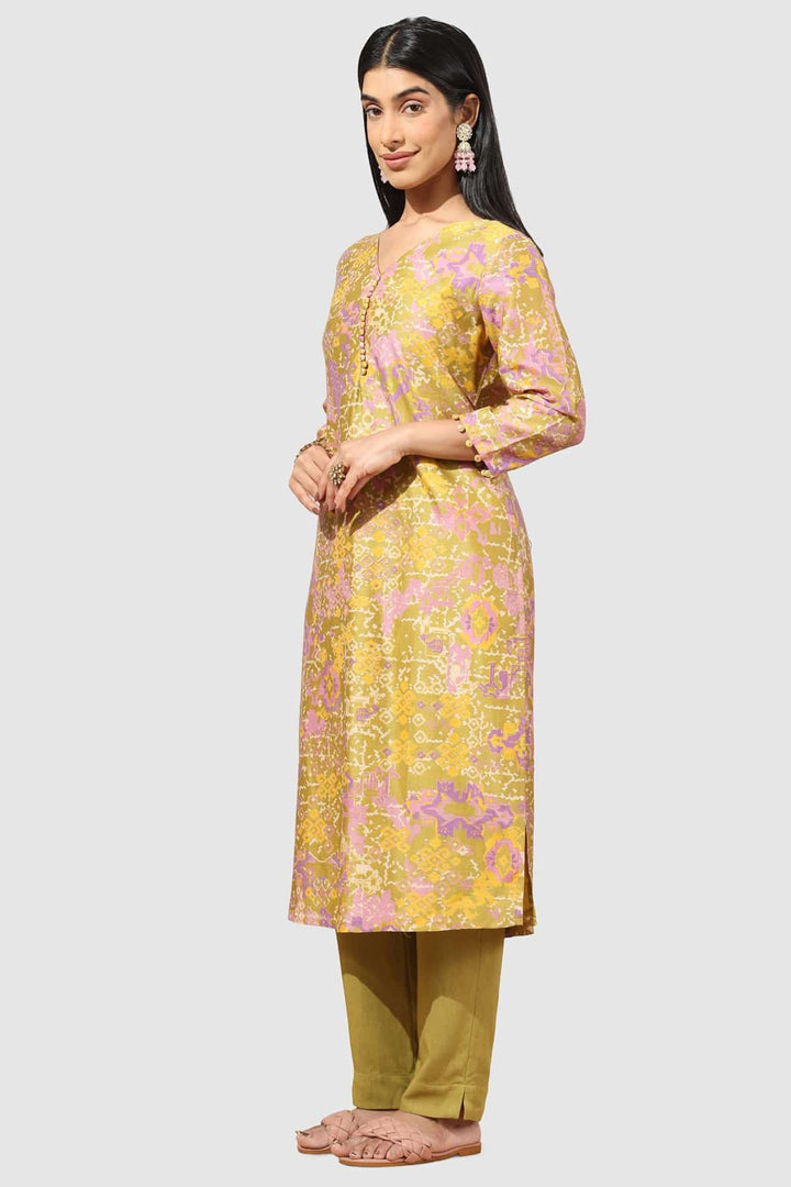 Olive Green Printed Chanderi Kurti