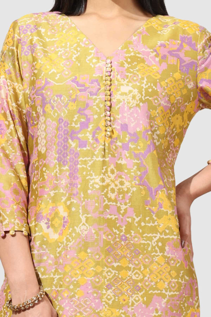 Olive Green Printed Chanderi Kurti
