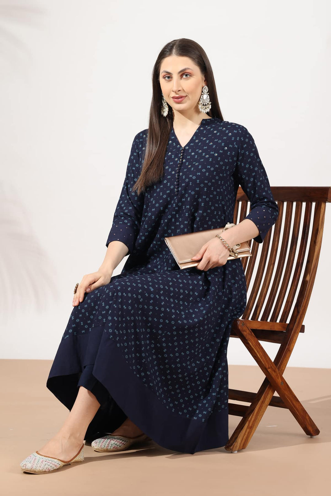 Navy Blue Printed Rayon Kurti with Mandarin Collar