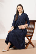 Navy Blue Printed Rayon Kurti with Mandarin Collar