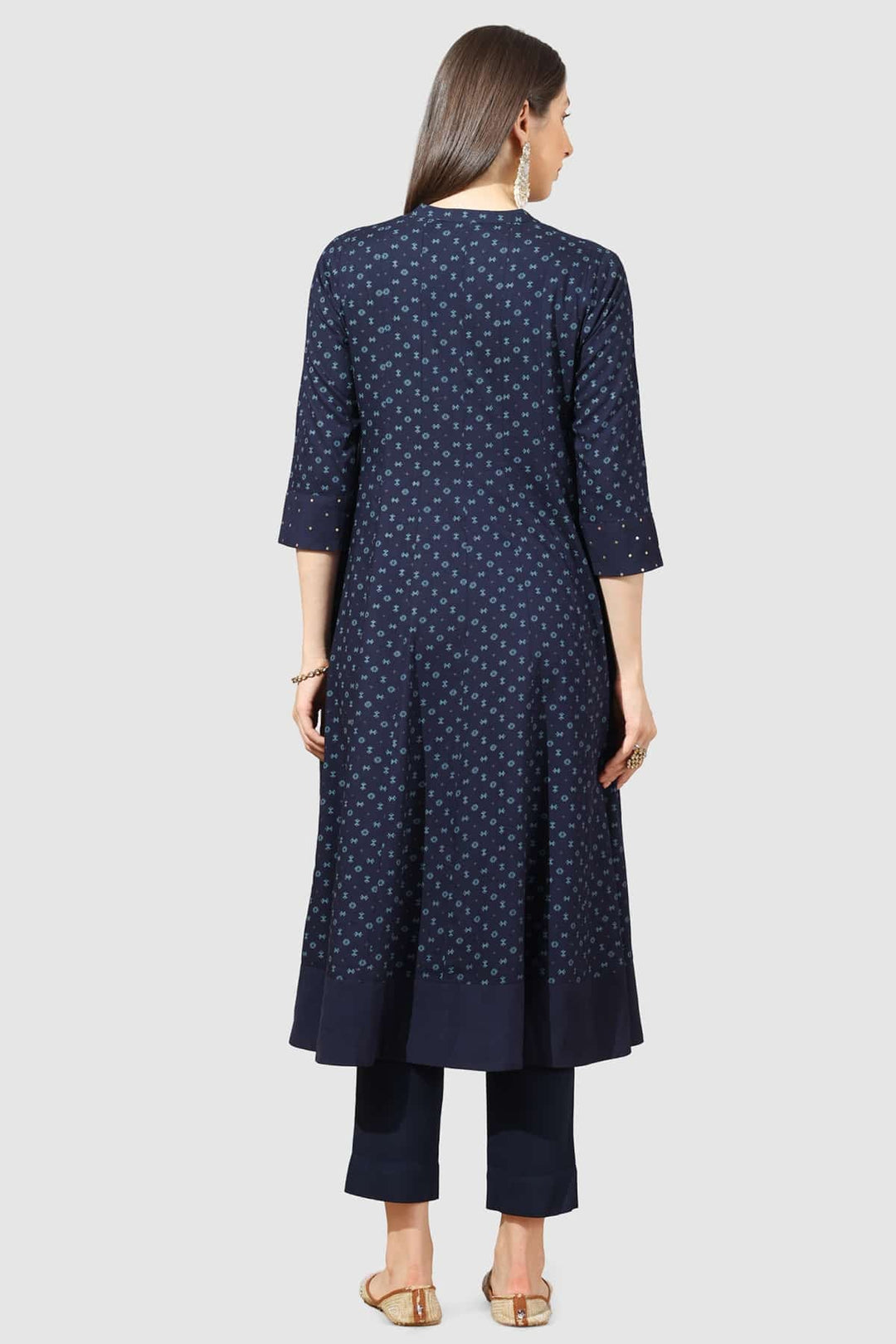 Navy Blue Printed Rayon Kurti with Mandarin Collar