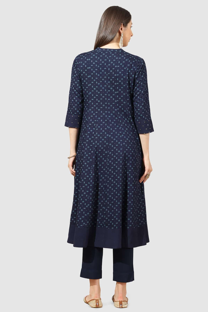 Navy Blue Printed Rayon Kurti with Mandarin Collar