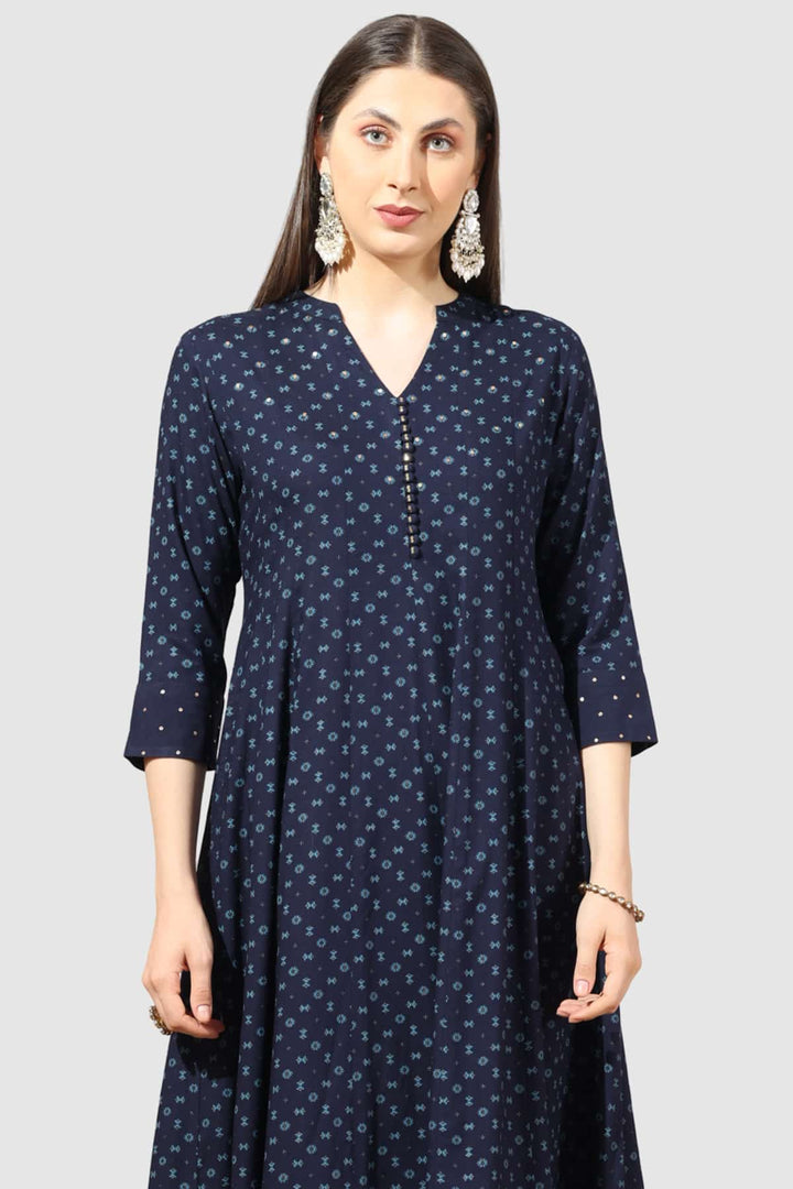 Navy Blue Printed Rayon Kurti with Mandarin Collar