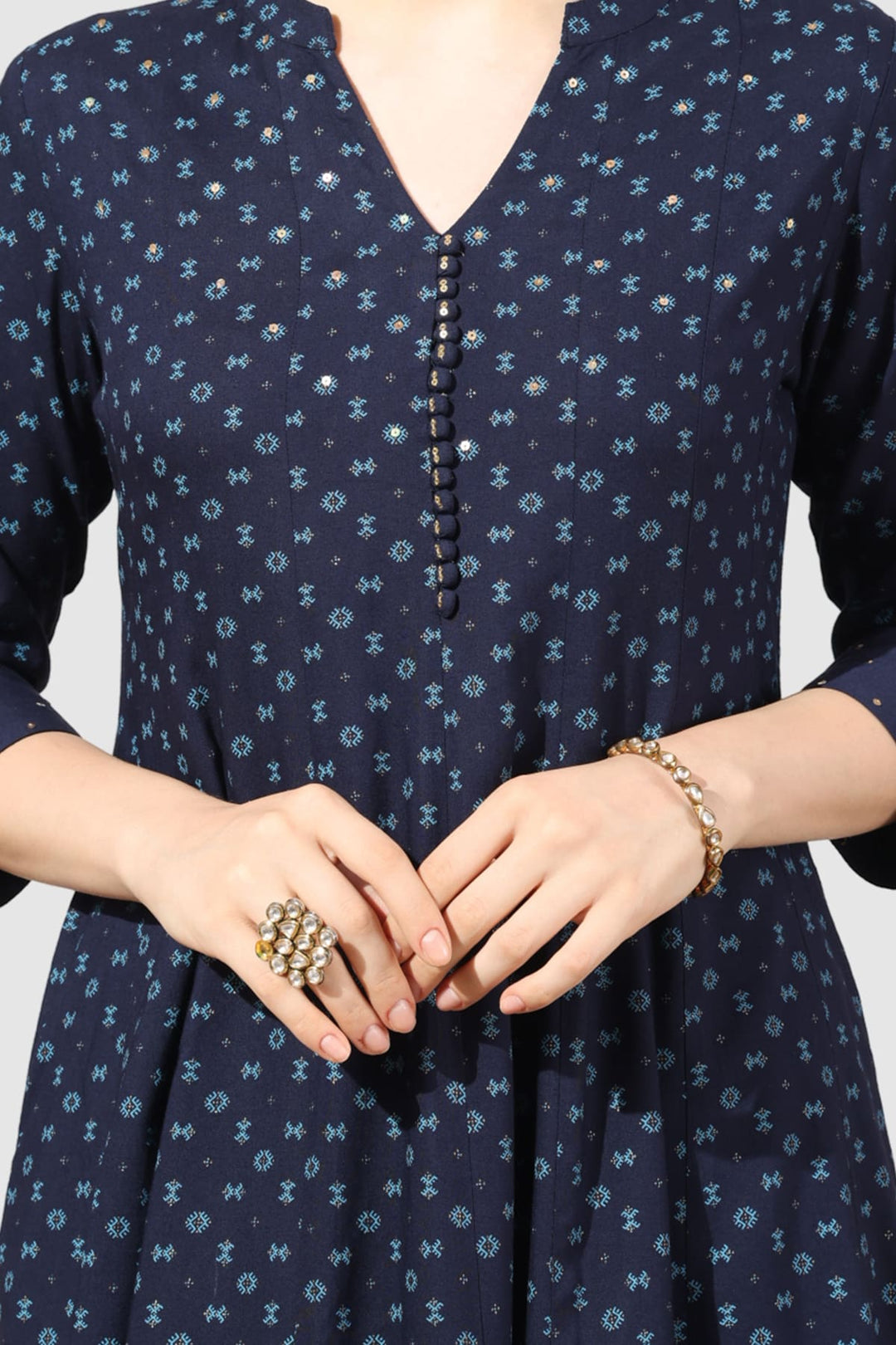 Navy Blue Printed Rayon Kurti with Mandarin Collar