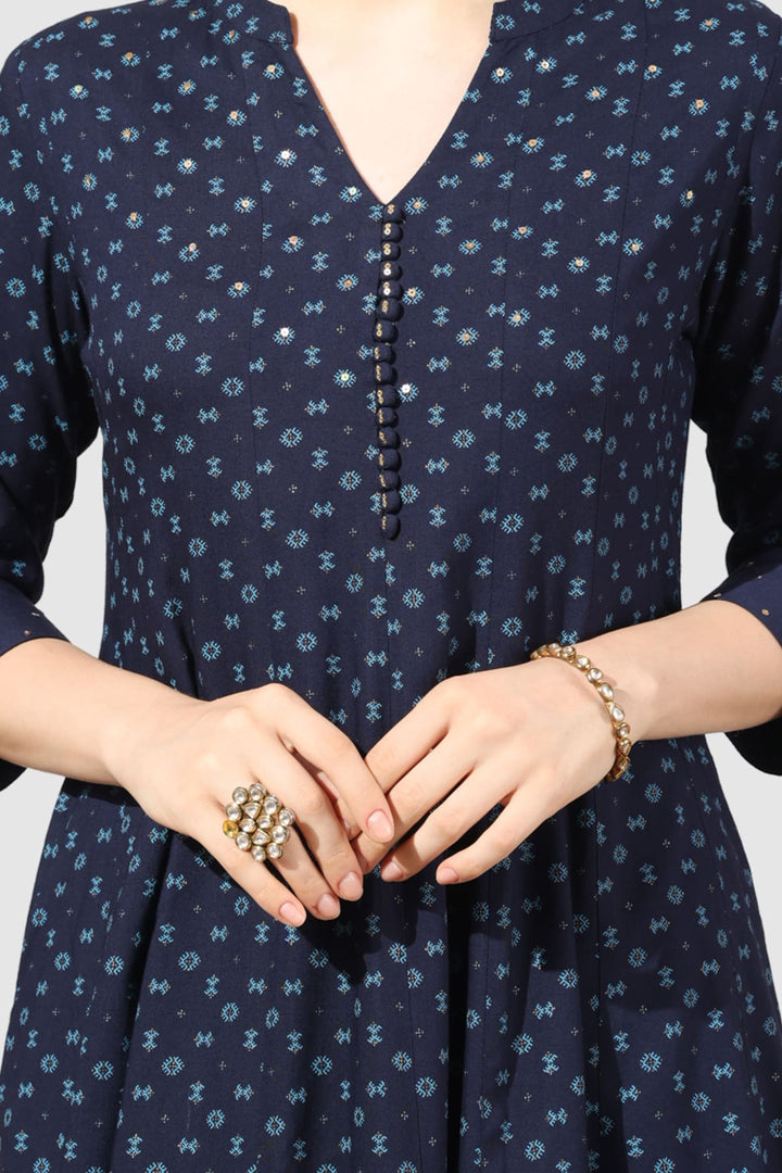Navy Blue Printed Rayon Kurti with Mandarin Collar