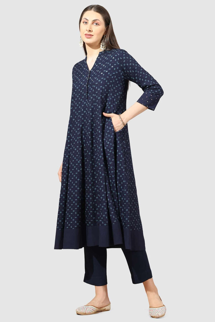 Navy Blue Printed Rayon Kurti with Mandarin Collar