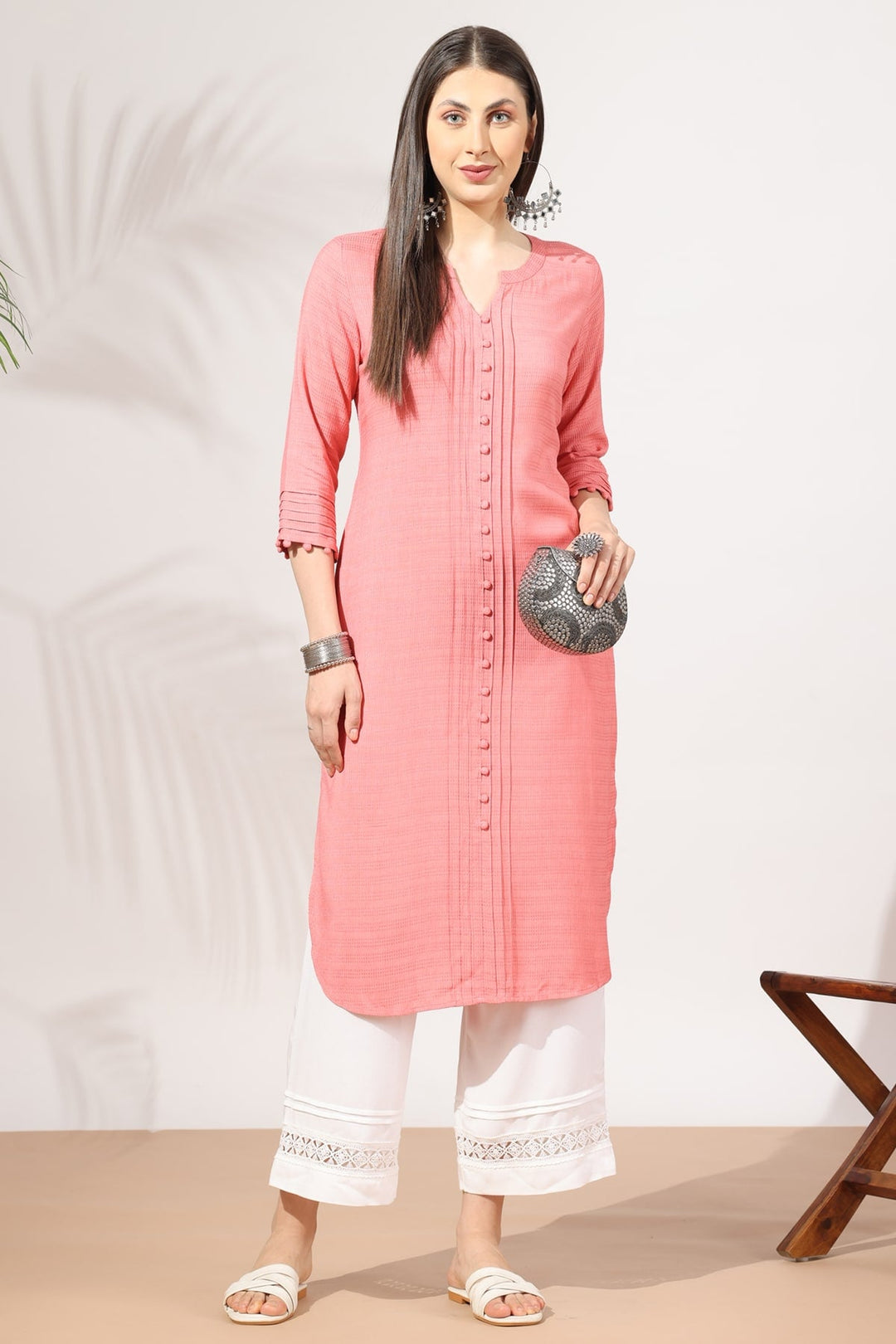Peach Rayon Dobby Kurti with Round Neck &amp; 3/4th Sleeves