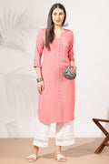 Peach Rayon Dobby Kurti with Round Neck & 3/4th Sleeves