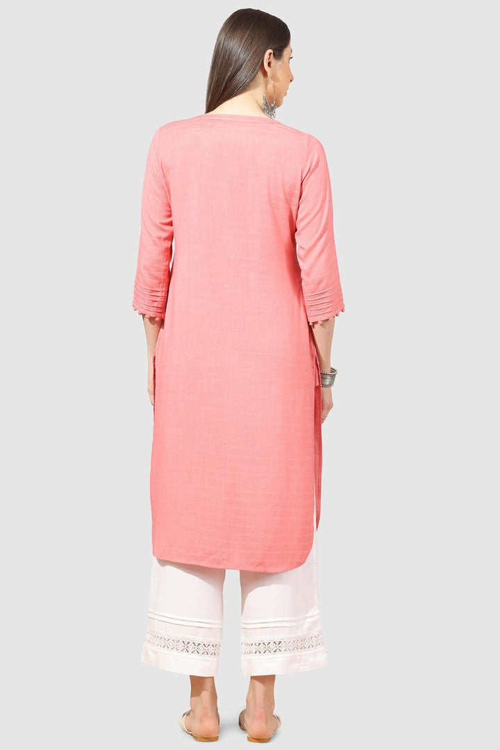 Peach Rayon Dobby Kurti with Round Neck &amp; 3/4th Sleeves