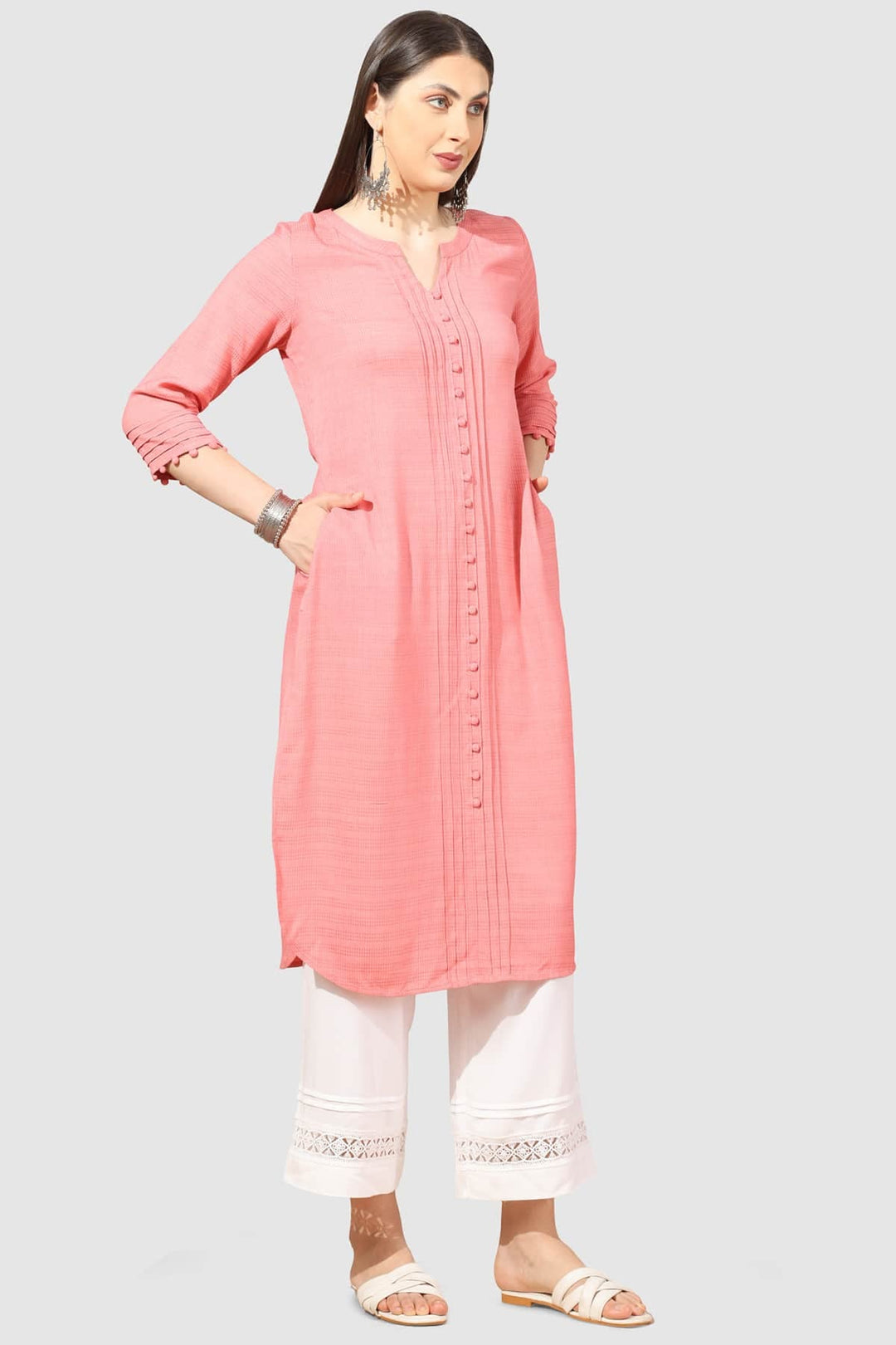 Peach Rayon Dobby Kurti with Round Neck &amp; 3/4th Sleeves