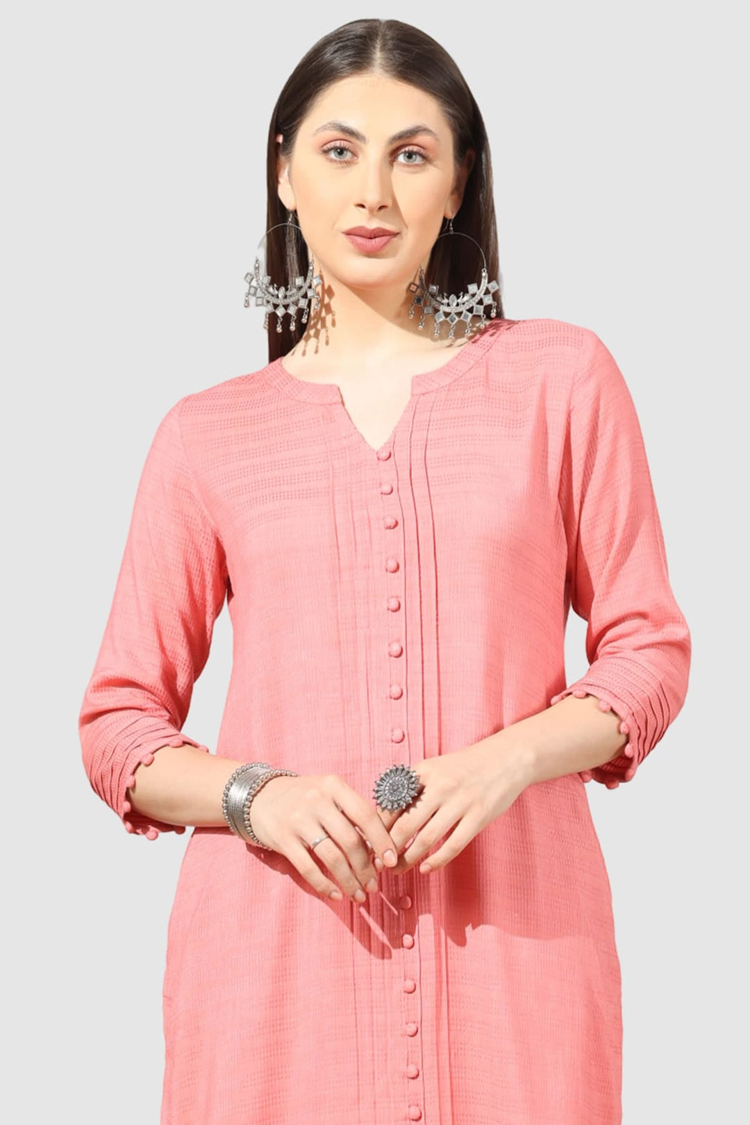 Peach Rayon Dobby Kurti with Round Neck &amp; 3/4th Sleeves