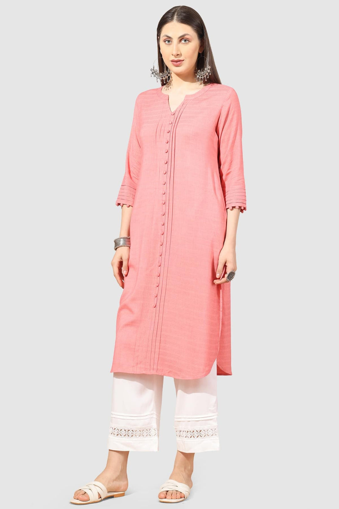 Peach Rayon Dobby Kurti with Round Neck &amp; 3/4th Sleeves