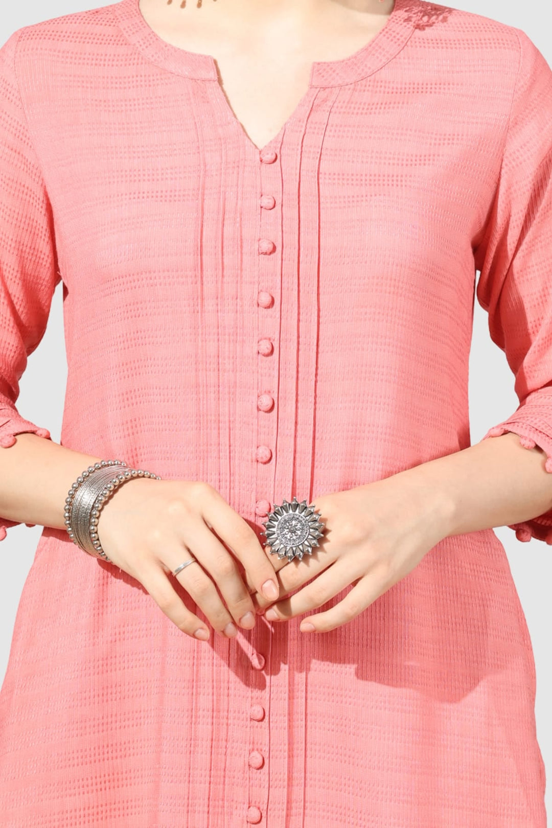 Peach Rayon Dobby Kurti with Round Neck &amp; 3/4th Sleeves