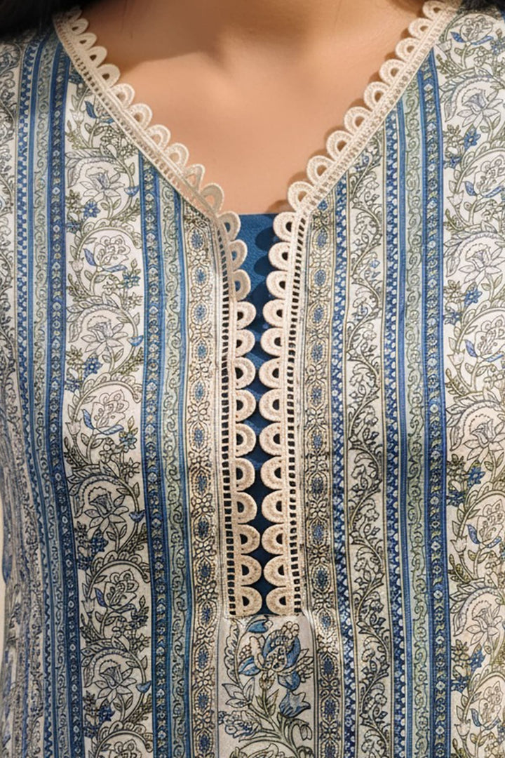Blue Printed Modal Kurti with V-Neck