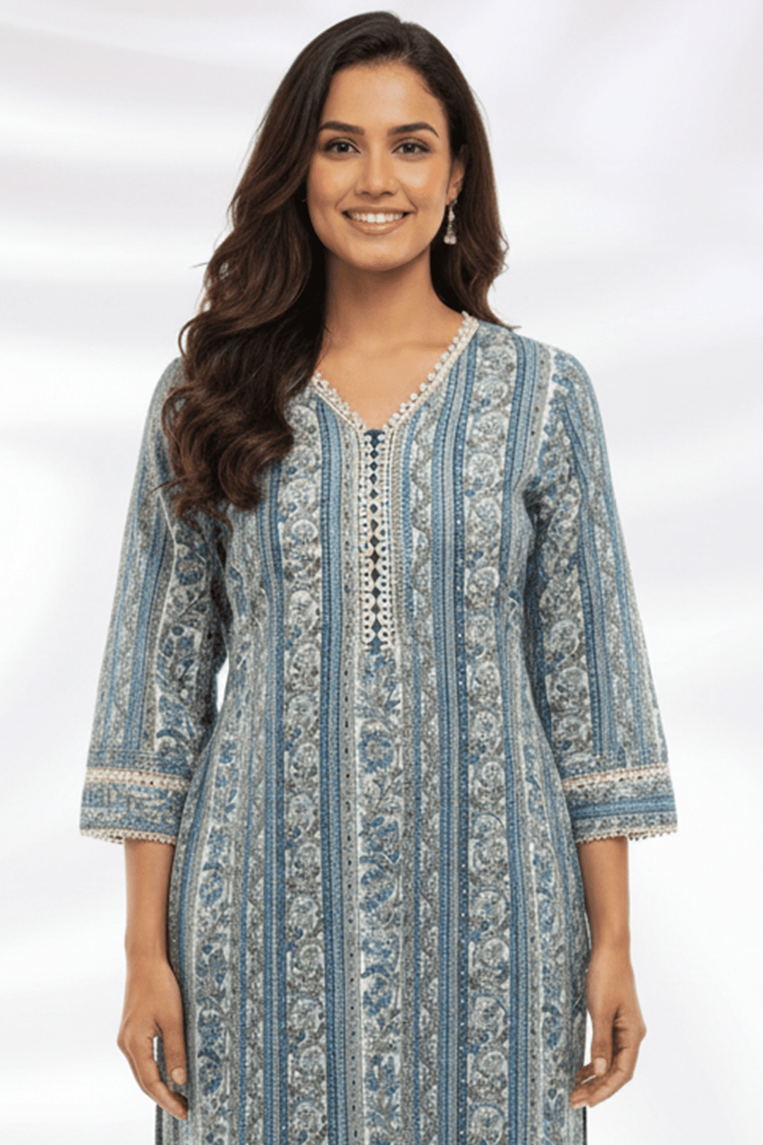 Blue Printed Modal Kurti with V-Neck