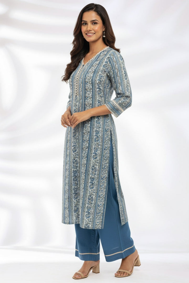 Blue Printed Modal Kurti with V-Neck