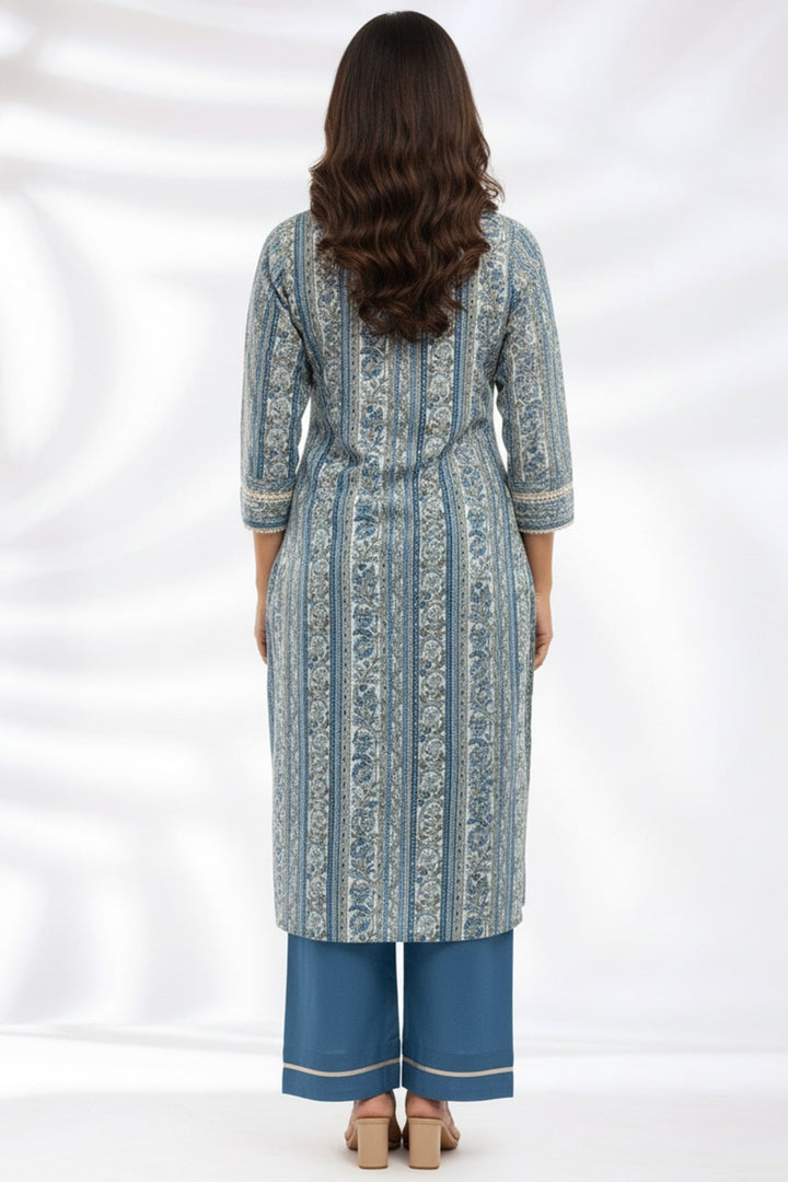 Blue Printed Modal Kurti with V-Neck