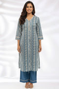 Blue Printed Modal Kurti with V-Neck