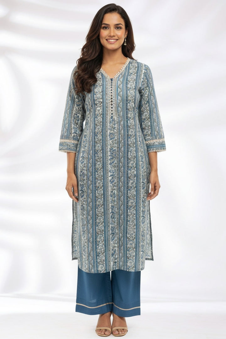 Blue Printed Modal Kurti with V-Neck