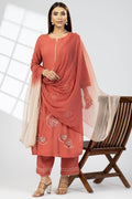 Rust Embroidered Rayon Crepe Kurti with Round Neck