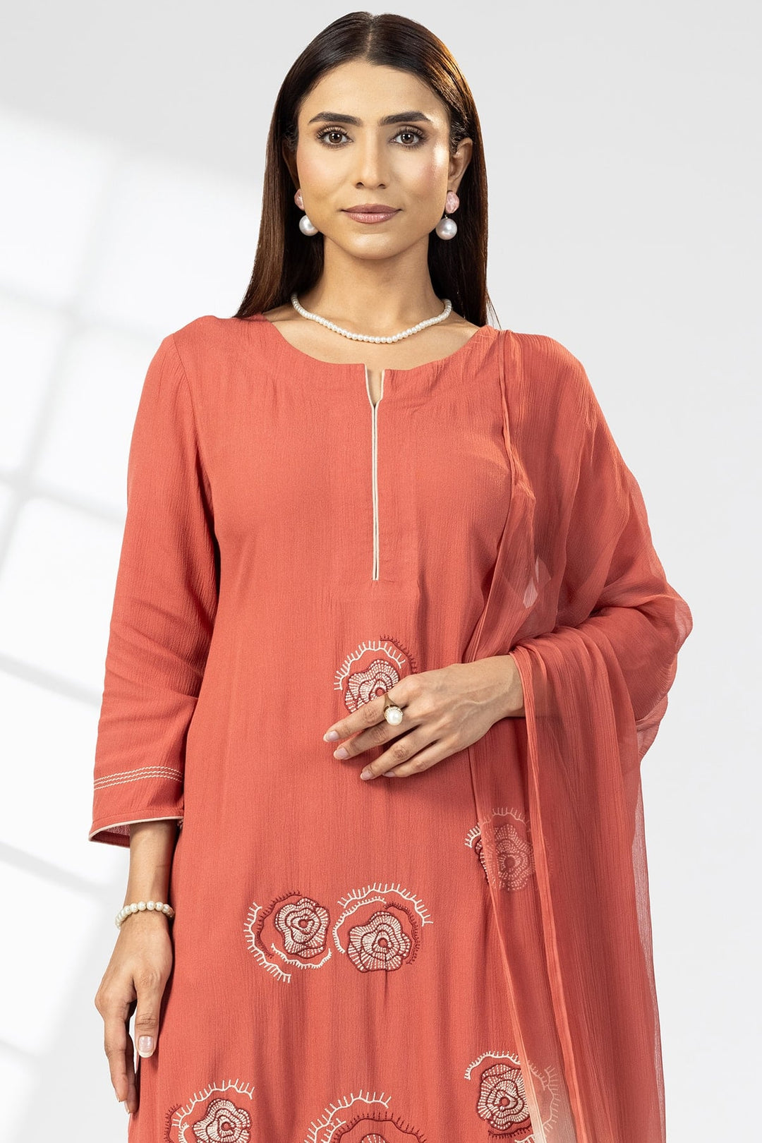 Rust Embroidered Rayon Crepe Kurti with Round Neck