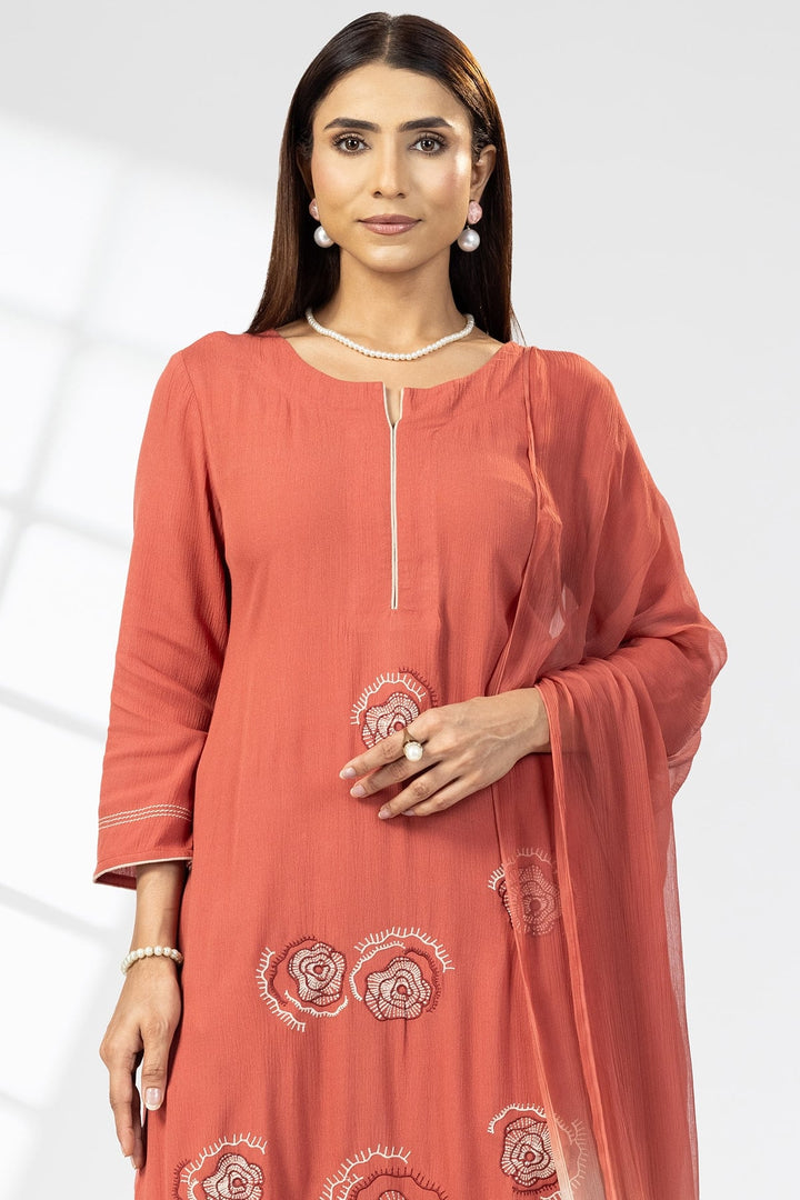 Rust Embroidered Rayon Crepe Kurti with Round Neck