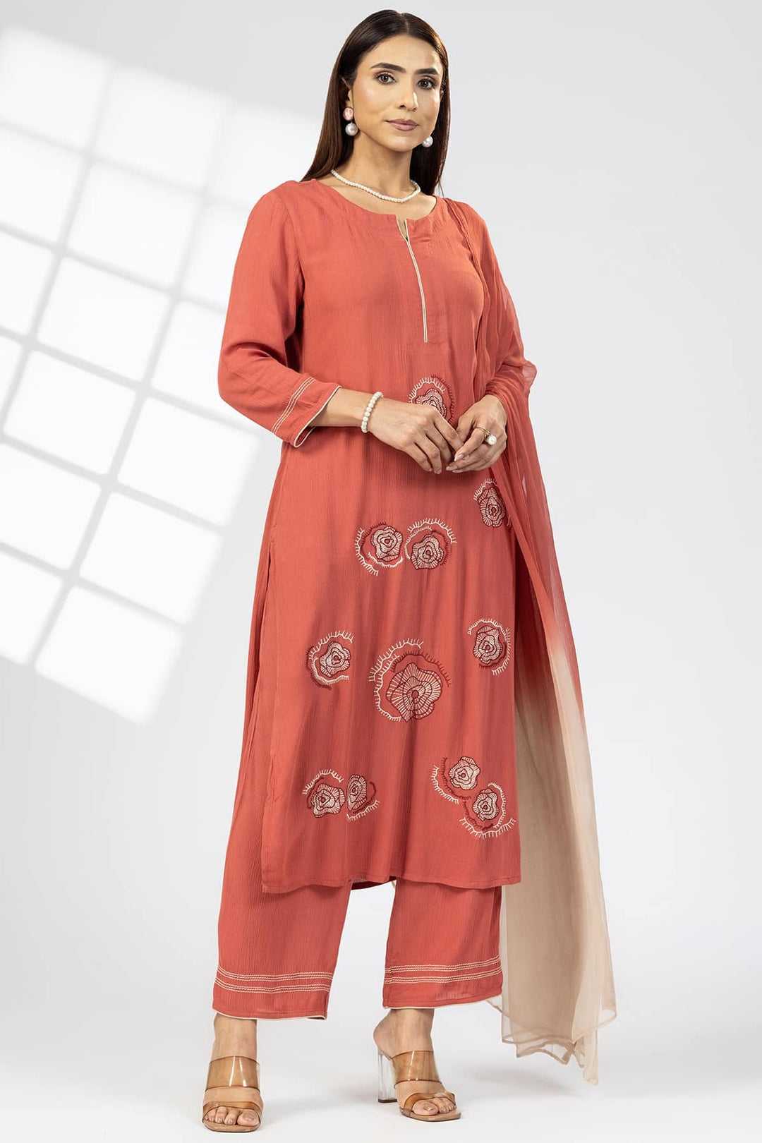 Rust &amp; Cream Ombre Viscose Chiffon Dupatta